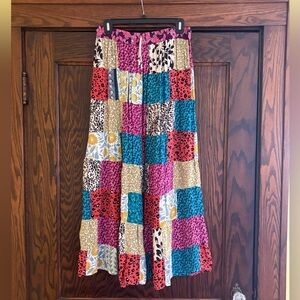 JACKPOT Patchwork Maxi Skirt Boho Colorful Tiered Elastic Waist
